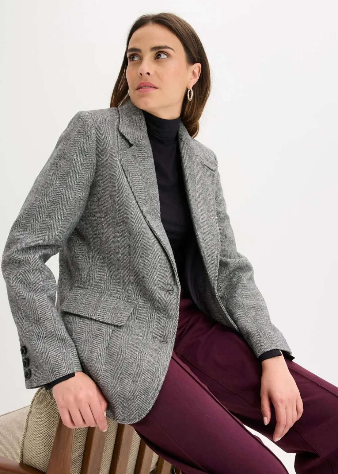 Blazer mit Fischgratmuster und Wollanteil