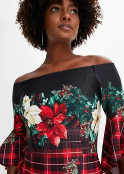 Carmen-Kleid aus fester Scuba-Qualität mit Weichnachtsmotiv