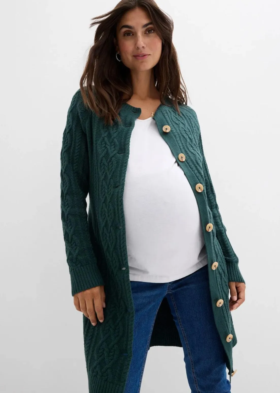 Extra lange Umstands-Strickjacke und Strickkleid aus Baumwoll-Mix