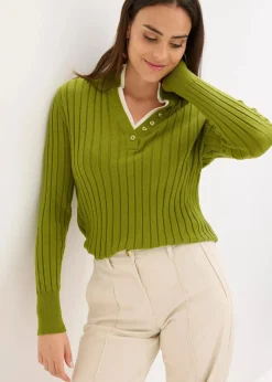 Gerippter Feinstrickpullover mit Viskose in 2 in 1 Optik