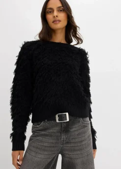 Grobstrick-Pullover mit Fransen