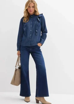 Jeansbluse mit Volants, aus reiner Baumwolle