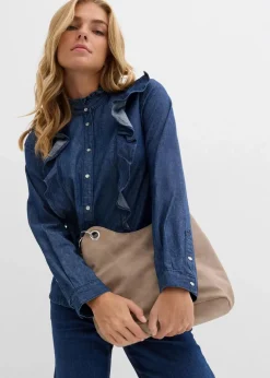 Jeansbluse mit Volants, aus reiner Baumwolle