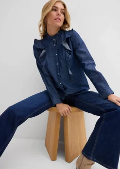 Jeansbluse mit Volants, aus reiner Baumwolle