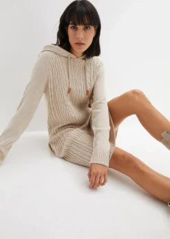 Kapuzen-Strickkleid mit Zopfmuster