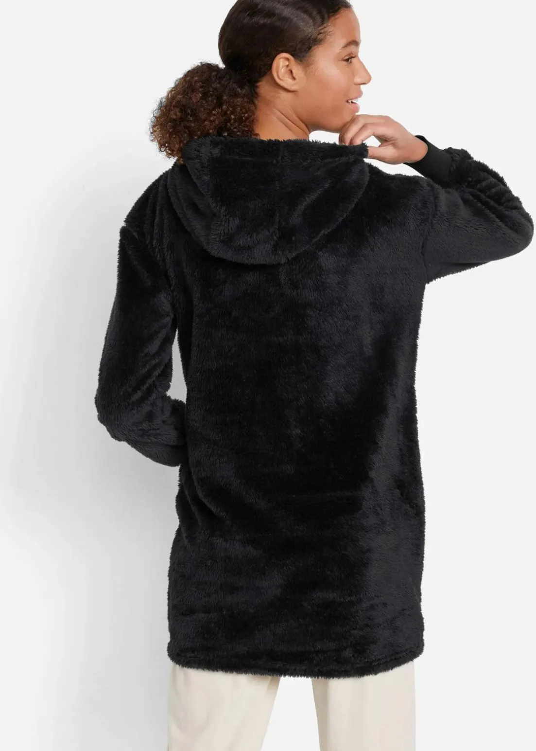 Leichte Loungewear Kuschel-Long-Fleecejacke mit Kapuze