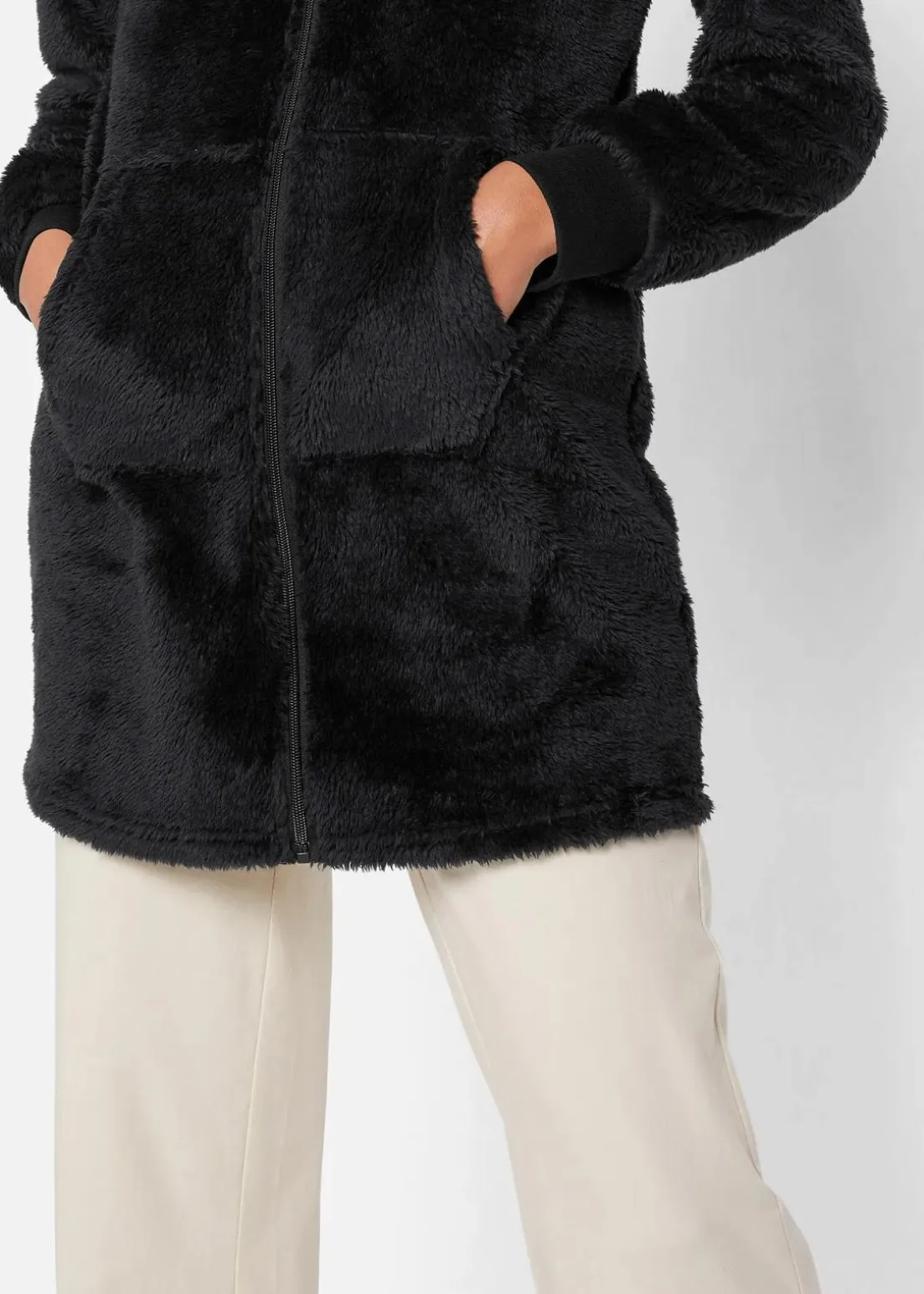 Leichte Loungewear Kuschel-Long-Fleecejacke mit Kapuze