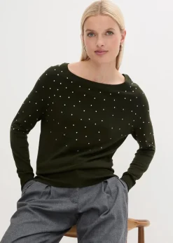 Long-Pullover mit Glitzersteinen