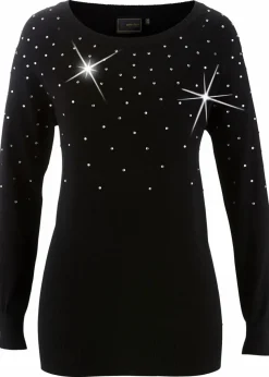 Long-Pullover mit Glitzersteinen