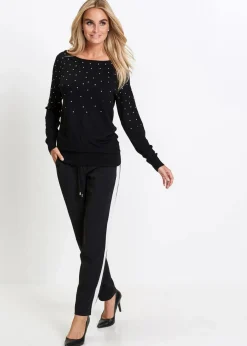 Long-Pullover mit Glitzersteinen