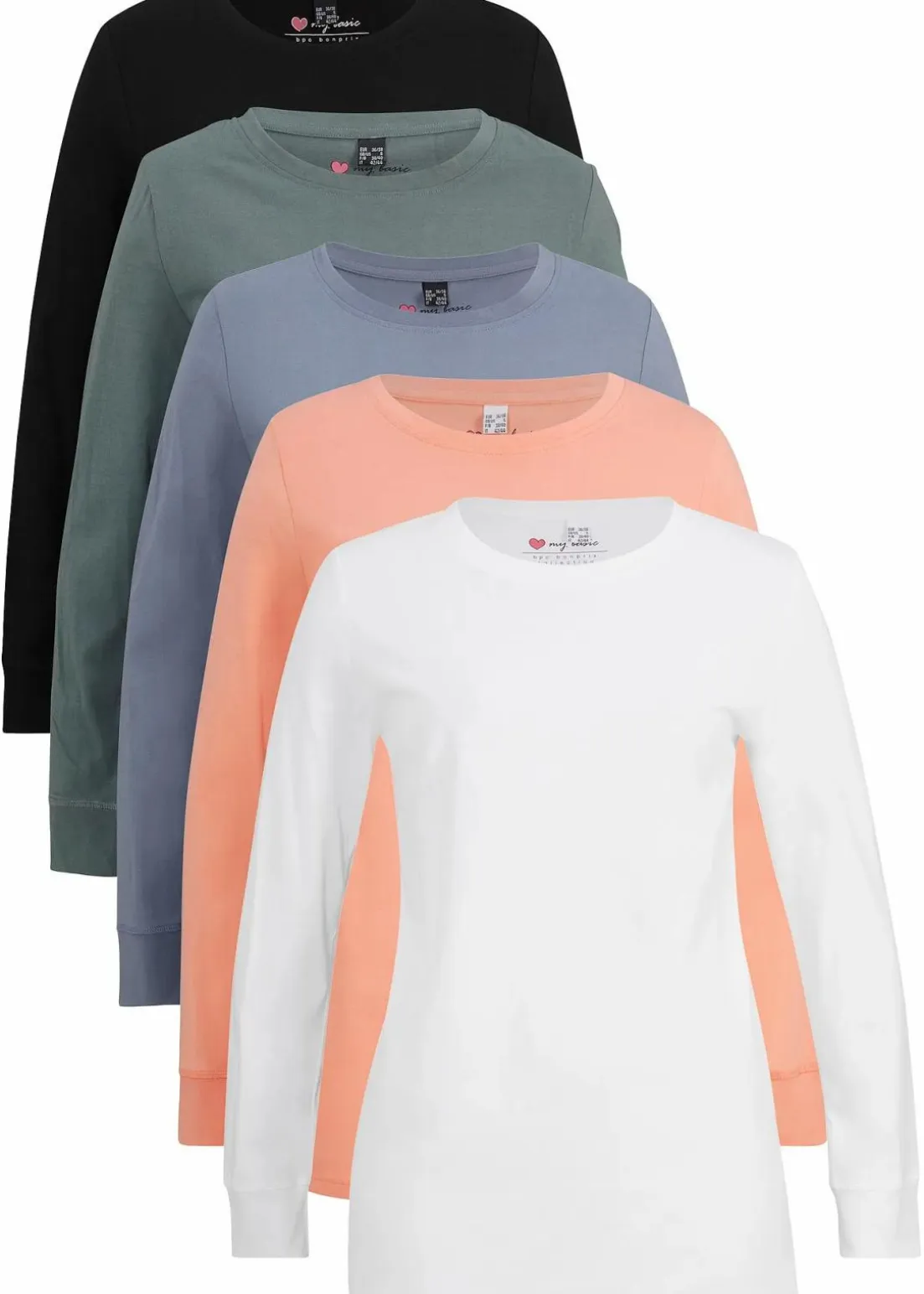 Longshirt mit Rundhalsausschnitt, Langarm (5er Pack)