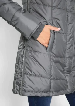 Long-Steppjacke, wattiert mit Kragen und Kapuze