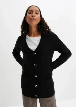 Longstrickjacke mit Schalkragen und Zopfmuster