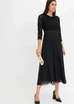 Midikleid aus leichtem Chiffon mit Spitzen-Oberteil