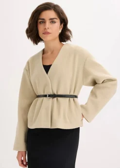 Oversized Blazer mit Gürtel in Wolloptik, ungefüttert