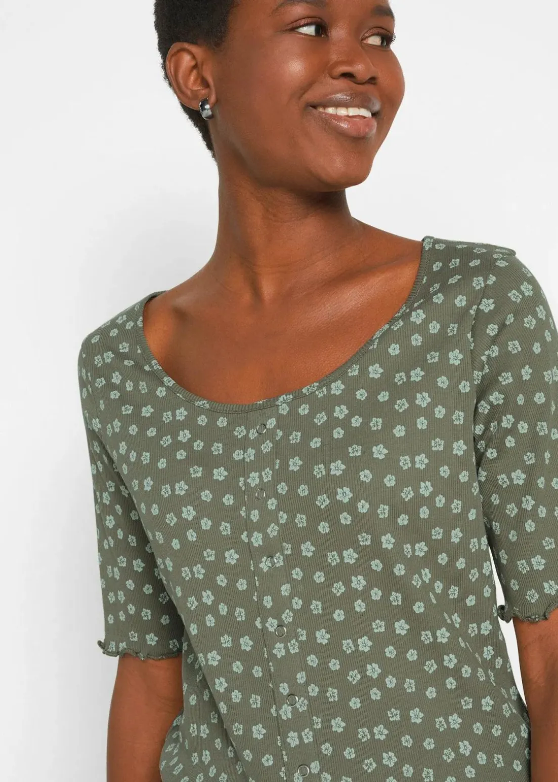 Ripp-Shirt mit Blumendruck, Halbarm