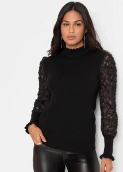 Rollkragenpullover mit dekorativen Chiffonärmeln