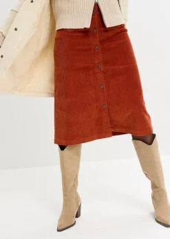 Stretch-Cordrock mit Knopfleiste, Midi-Länge