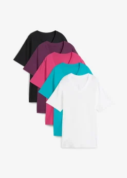 Weites Long-Shirt mit V-Ausschnitt, Kurzarm (5er Pack)