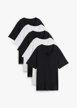Weites Long-Shirt mit V-Ausschnitt, Kurzarm (5er Pack)